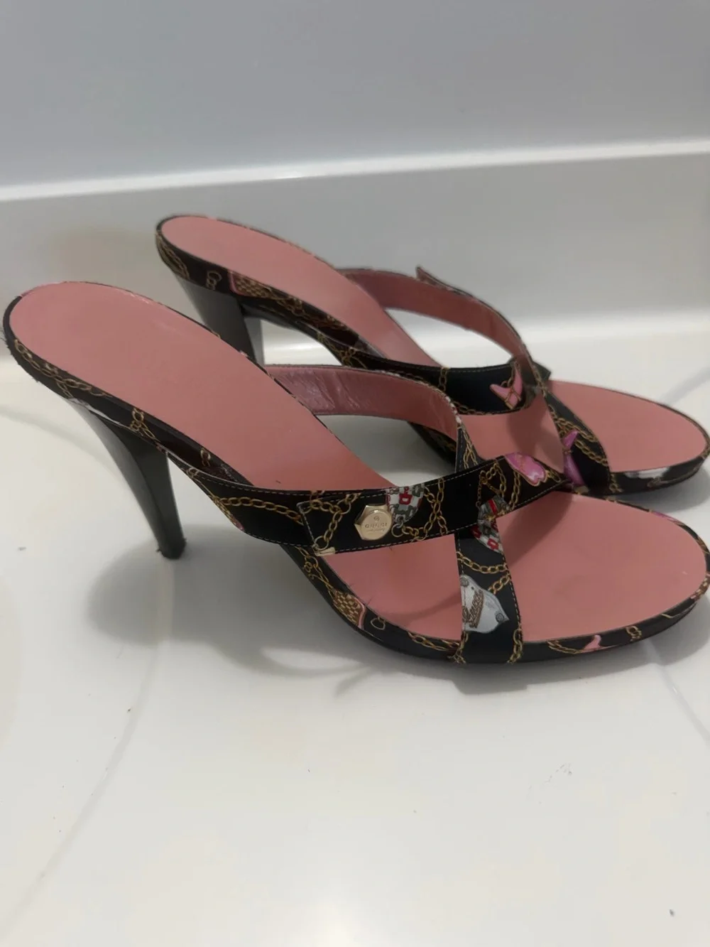 Gucci Pink and Black Chain-Print Heeled Slide Sandals